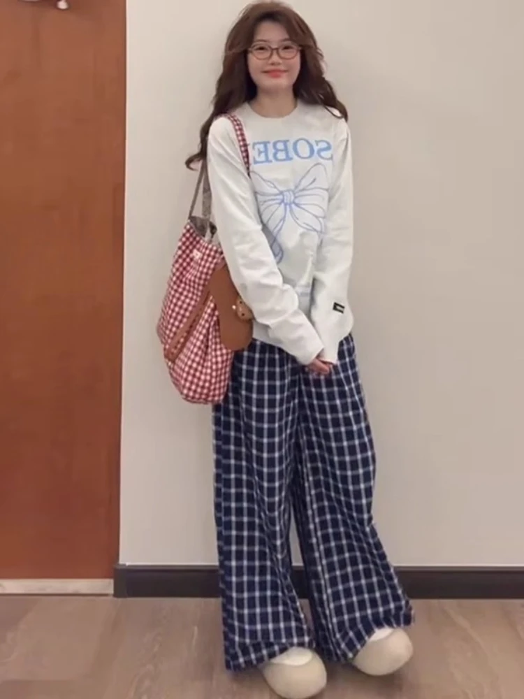 Blue Checkered Pants Women's New Loose Straight Leg Small Lazy and Relaxed Wide Leg Pants Wide Leg Pants Women Comfort