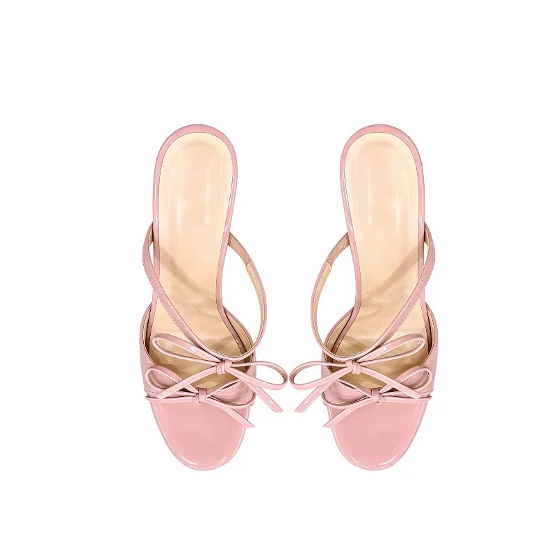 

New nude color flat ribbon bow sandals for women in summer, round toe high heels with exposed toes, slim heel sandals