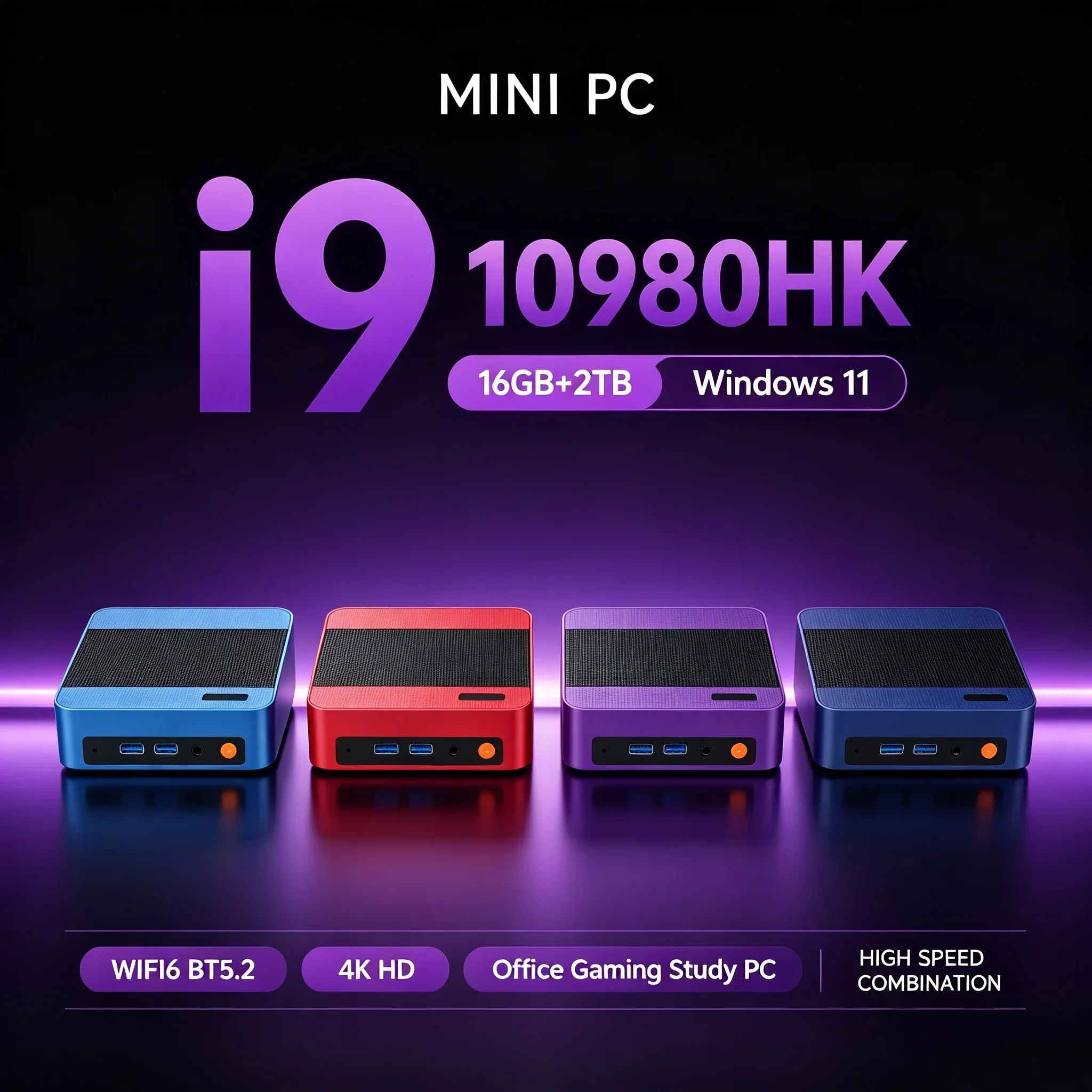 Multicolored Mini Desktop PC Intel Core I9-10980HK Windows 11 16GB Memory 2TB SSD WiFi6 BT5.2 High Speed Office Computer Host