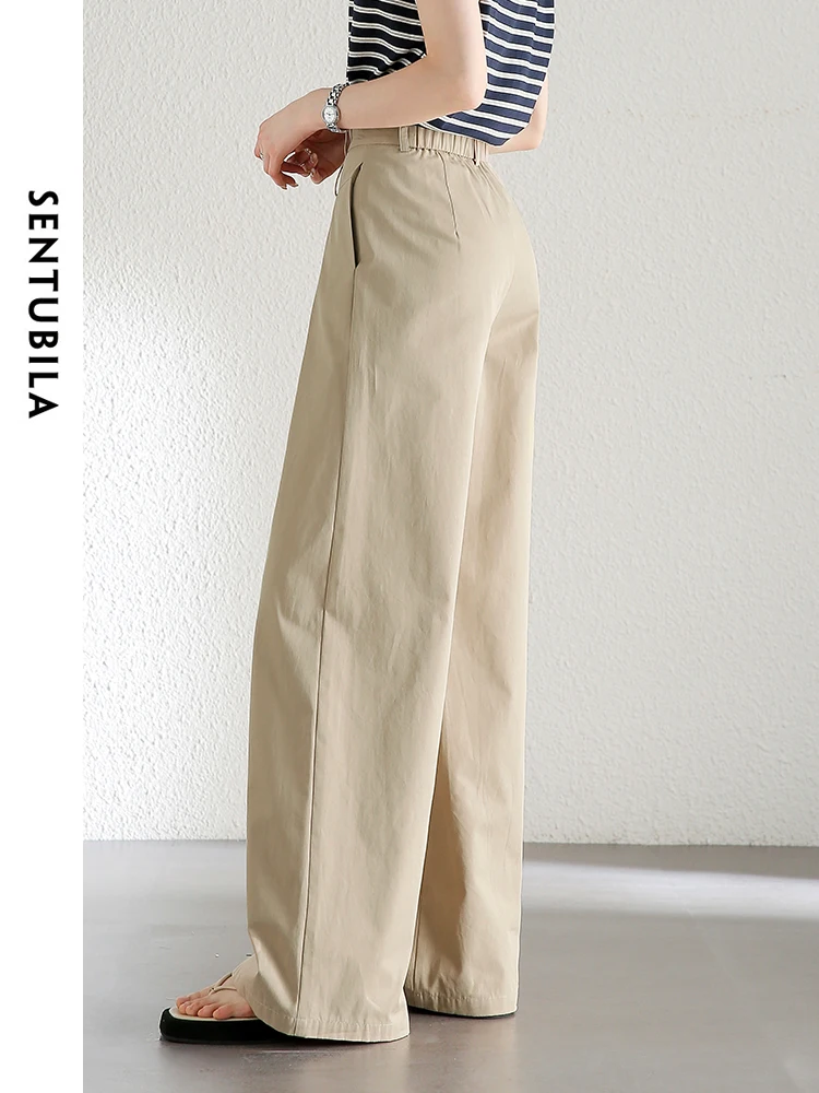 SENTUBILA 100% cotone comodo pantaloni a gamba larga pantaloni da donna 2024 estate semplice casual allentato sottile elastico in vita pantaloni 142K54814