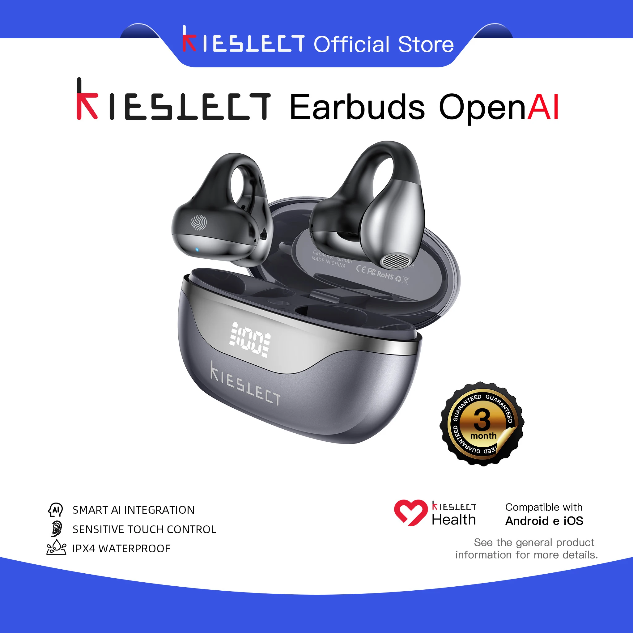 KIESLECT Open AI Wireless Bluetooth 5.4 Earbuds LED Digital Display Sport Running Headphones Smart AI Integration