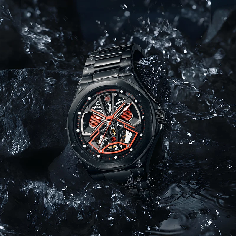 Daniel Gorman 남성용 스포츠 스켈레톤 디자인 시계, 럭셔리 자동 발광 손, 5 ATM 방수 시계, DG8107 패션