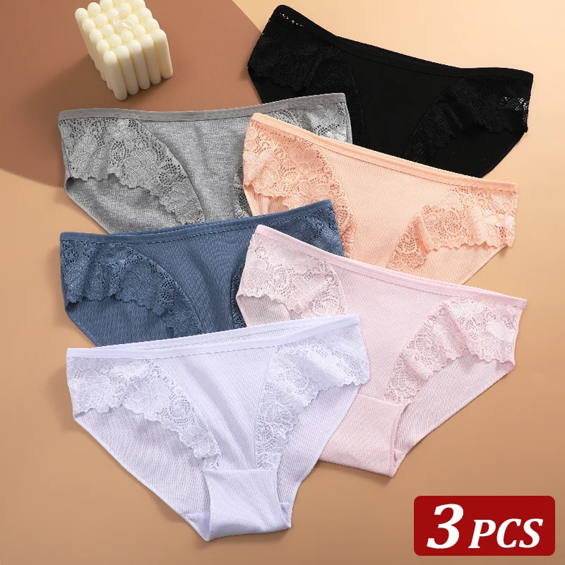 3PCS/Set Women Sexy Cotton Briefs Floral Lace Splicing Panties Ribbed Cotton Intimates Lingerie Female Low Rise Pantys NEW Style