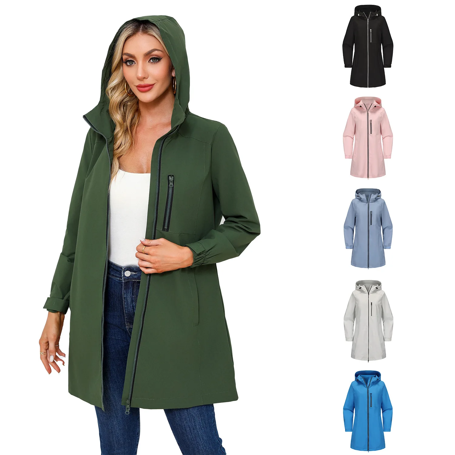 

Women's Outdoor Water-Repellent Trench Coat Hooded Long Sleeve Loose Casual Windproof Jacket Spring Autumn Fashion Lightweight O