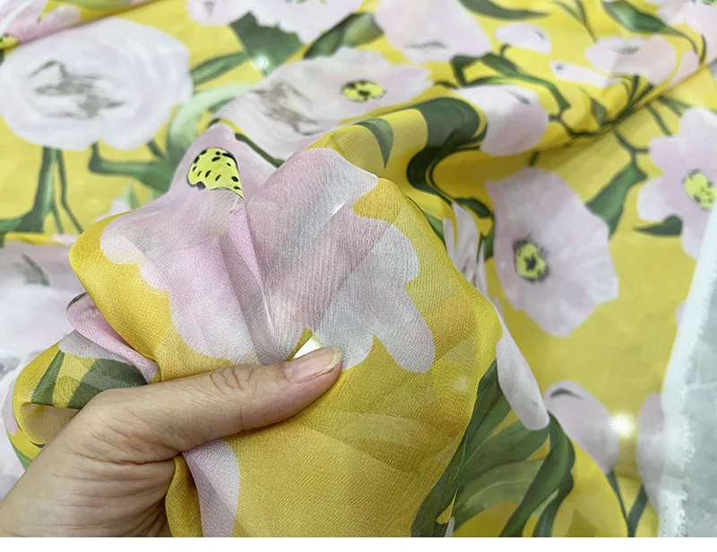 European And American Big Pink Flower Printed Thin Chiffon Fabric For Women Dress Blouse Handmade DIY Cloth Sewing