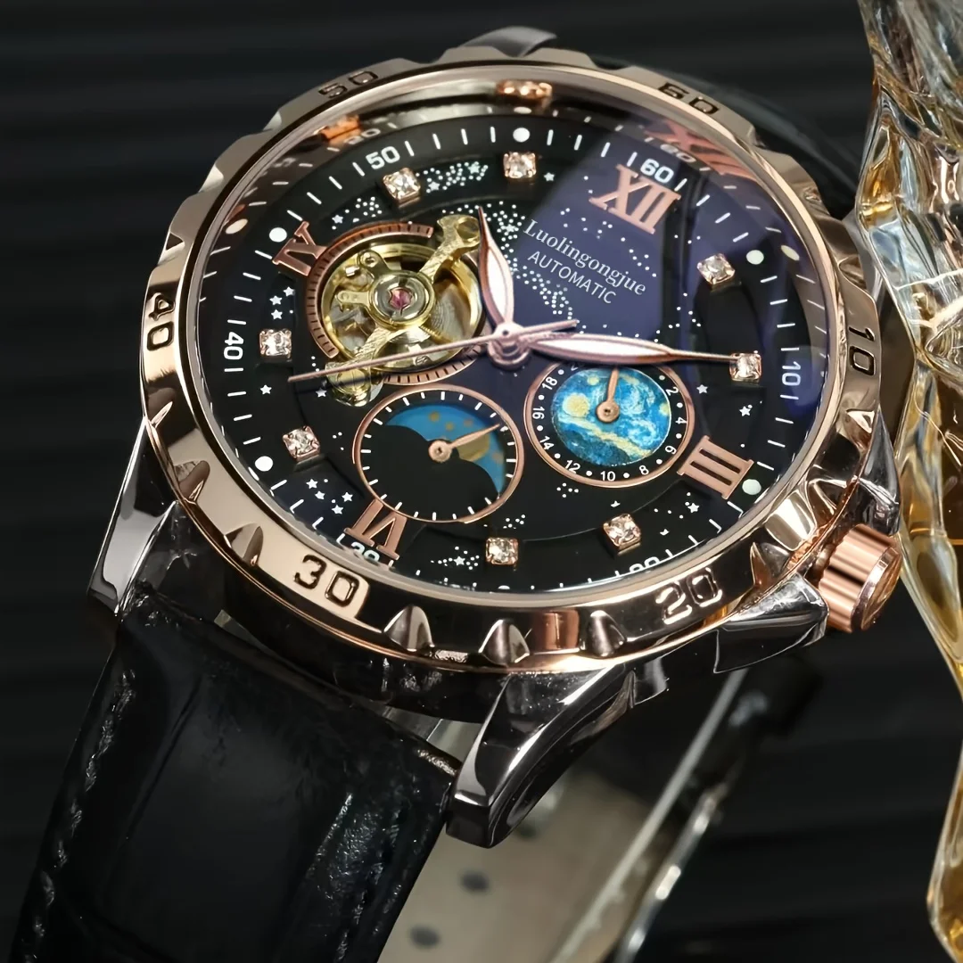 New Luxury Automatic Mechanical Men's Watch, Starry Sky Luminous Dial, Elegant Tourbillon Movement, Ideal for Business or Casual Wear, Perfect Christmas or Birthday Gift, Holiday Gift Watch, No Battery Required