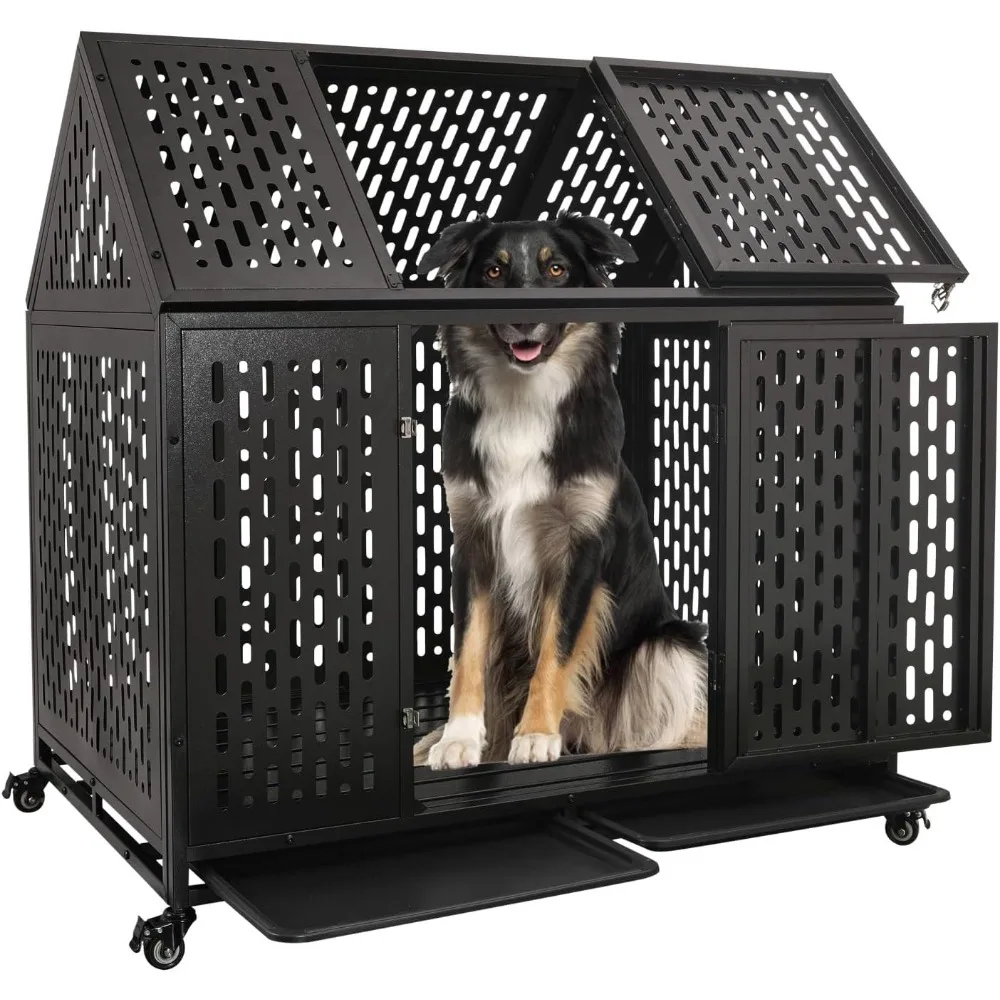 

44'' Indestructible Heavy Duty Dog Crate, Escape-Proof Kennel with Pointed Roof for High Anxiety Large Medium Dogs, Steel Chewpr