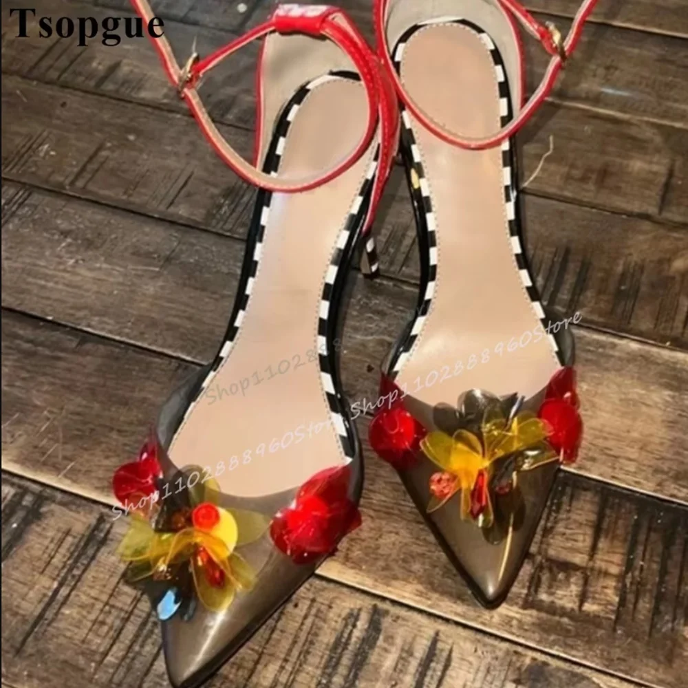 

Mixed Color PVC Flower Decor Sandals Thin High Heel Women Shoes Ankle Buckle Strap Pointed Toe Stylish Party Exquisite Sandals