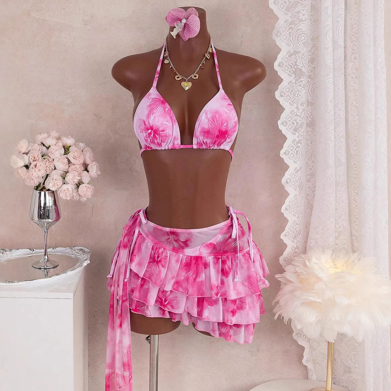 New Color-blocking Slim-fit Sexy Casual Hot Vacation Swimsuit With Straps, Three-piece Bikini Set