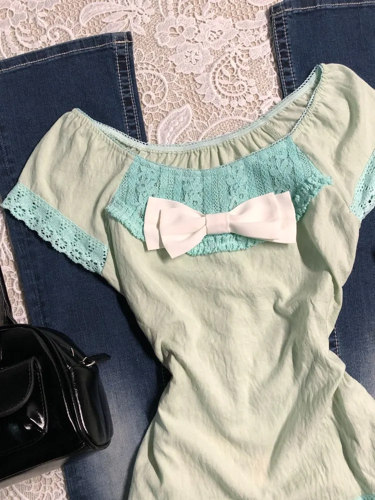Vintage Streetwear Y2K Retro Slim Fit Outfit Forest Style Green Lace Short Sleeve Shirt Women Summer Fashion Patchwork T-shirt