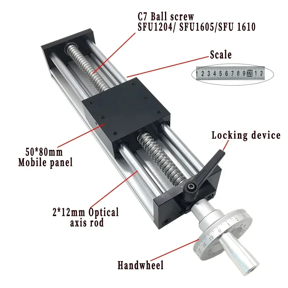 CNC Linear GuideStage Manual Sliding Table 50~400MM Stroke C7 Ballscrew SFU1204/1605/1610 With Handwheel Workbench 40KG Max Load