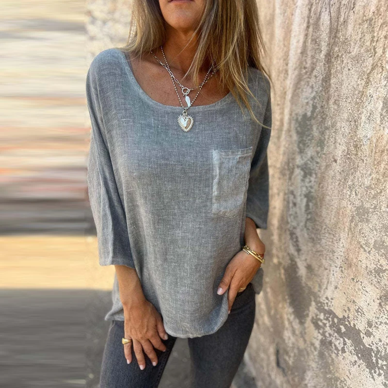 

Women New Solid Color Long Sleeve Office Lady Blouse Elegant 2024 Loose Pullover Blusa All Match Round Neck Cotton Linen Tops