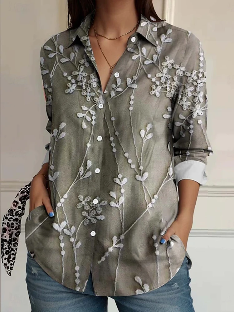 

Women's Floral Print Shirt Vintage Elegant Long Sleeve Collared Top Sage Green Linen-Like Buttons Regular Fit for Daily Work