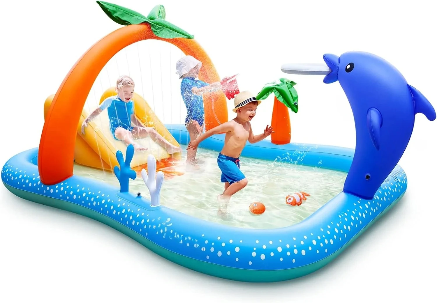 

Blue Inflatable Water Park for Kids,Outdoor Kiddie Pool with Water Slides for Backyard,Above Ground Toddler Pool with Sprinkler