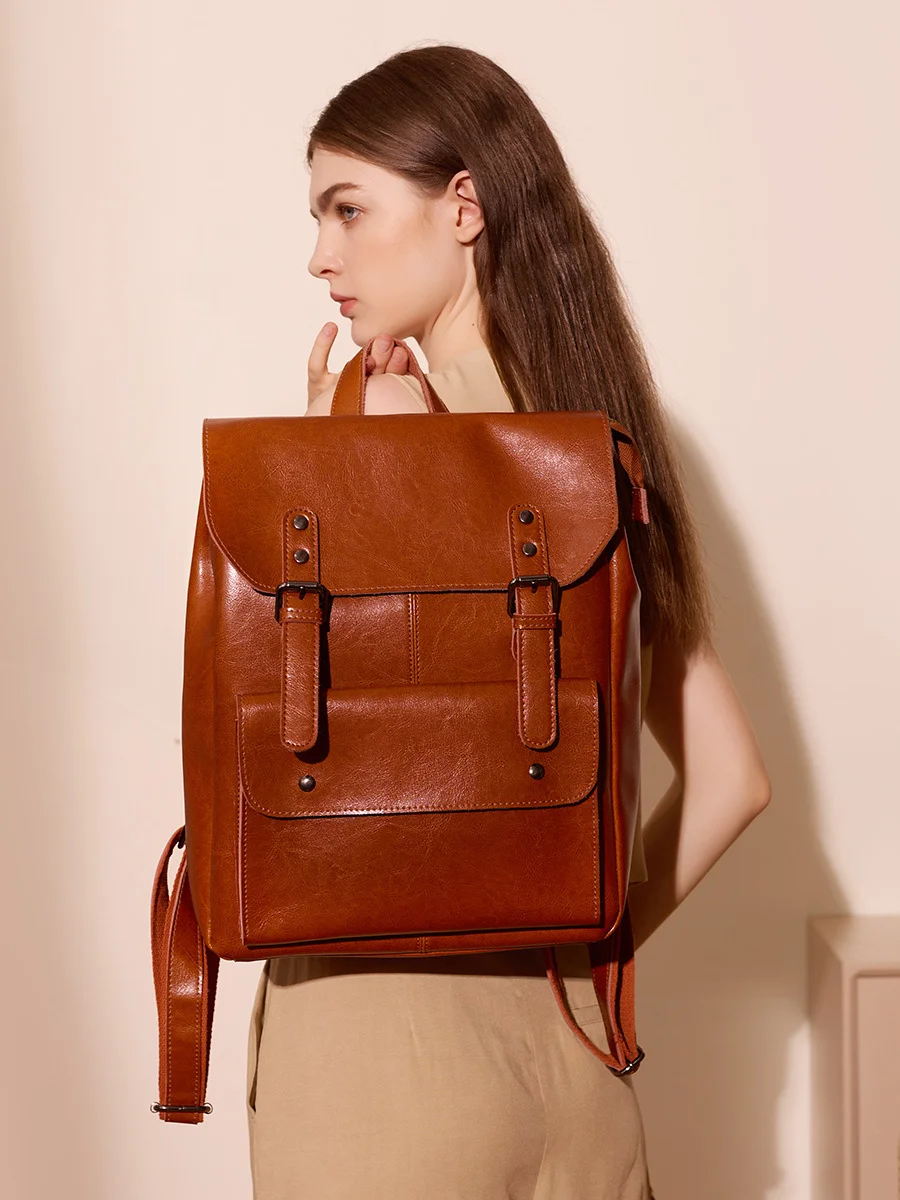 

Genuine leather backpack for women wear-resistant cowhide computer backpack college style 14-inch large capacity British retro n