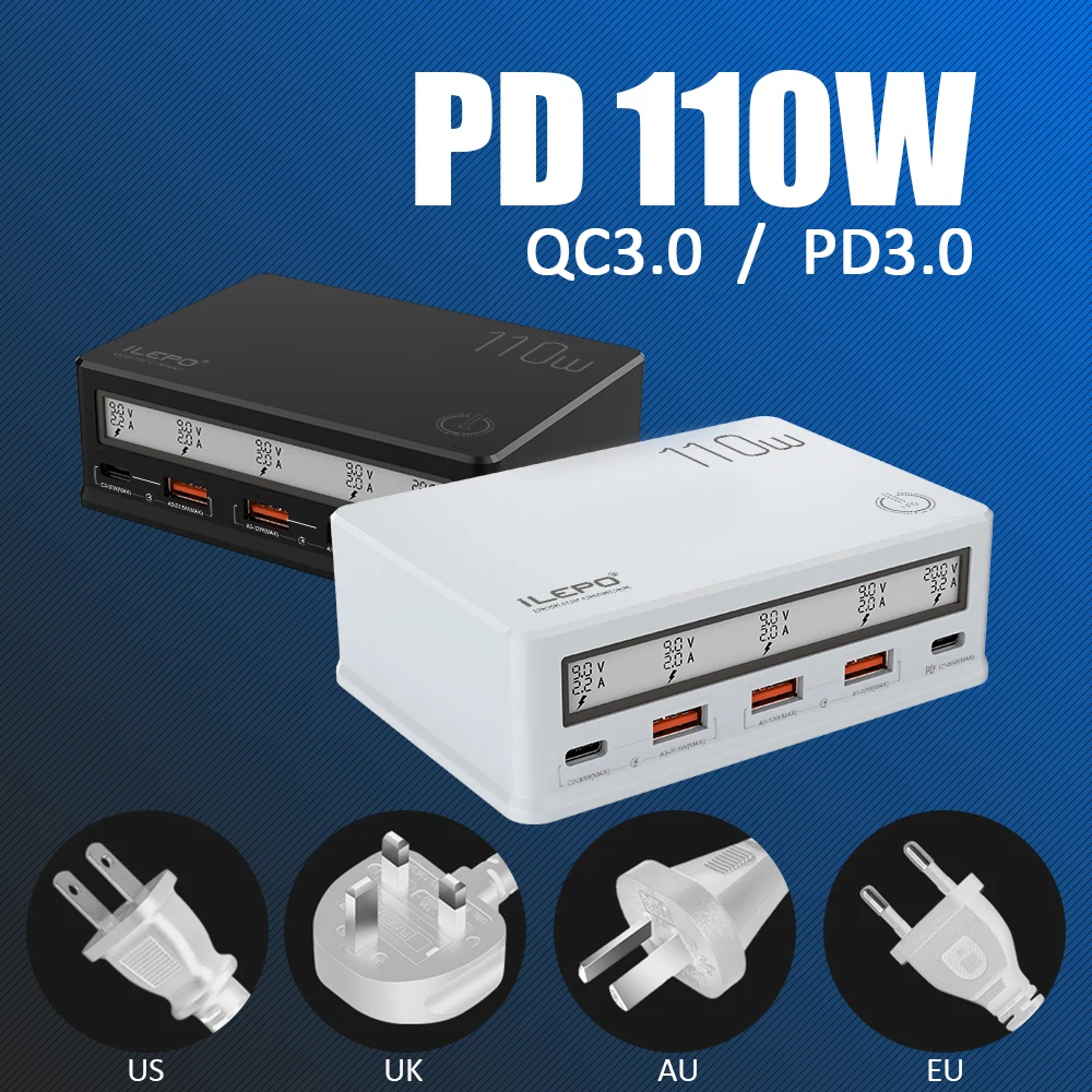 ILEPO 110 واط 5 ميناء USB شاحن PD USB C سوبر سريع شاحن آيفون 14 13 برو ماكس الكمبيوتر المحمول سامسونج شاومي شاشة العرض