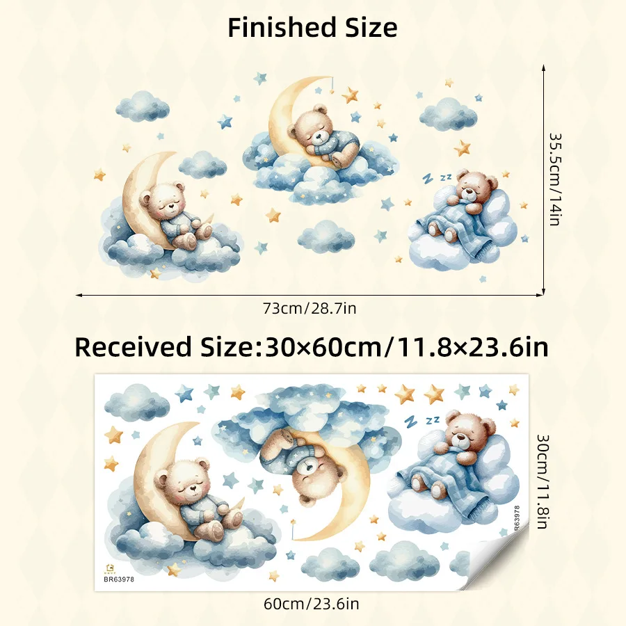 Cartoon Teddy Bear Sleeping on Clouds Animal Wall Stickers Room Decor Bedroom Children Kids Room Wall Decals Home Decoration