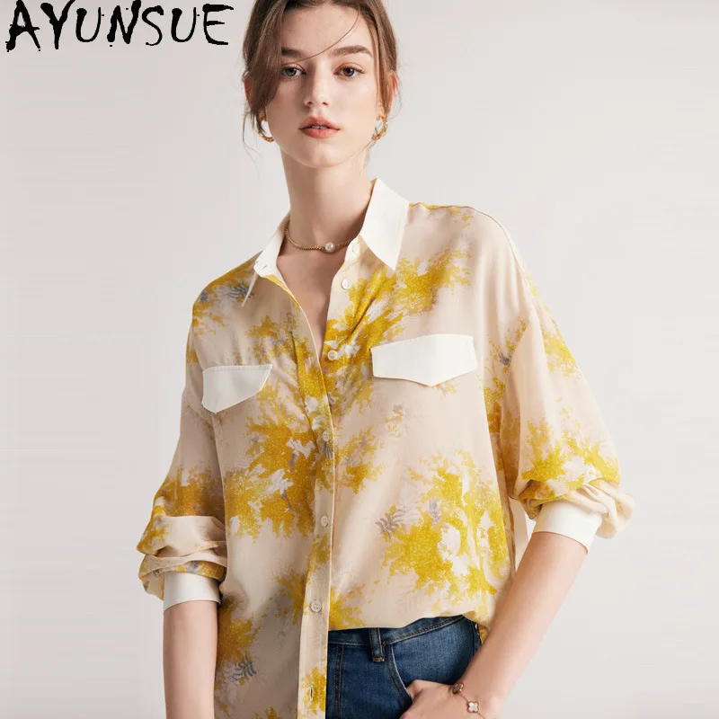 

AYUNSUE 100% Natural Mulberry Silk Shirts & Blouses Woman Loose Blouse for Woman Spring Summer Tops Woman Clothes Блузка Женская