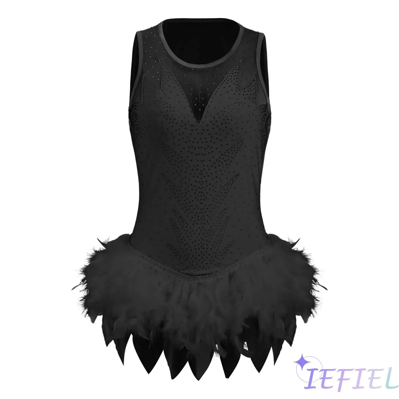 

Womens Ballet Dance Jumpsuit Rhinestone Fuzzy Feather Hem Mesh Sleeveless Crew Neck Button Crotch Gymnastics Skating Leotard