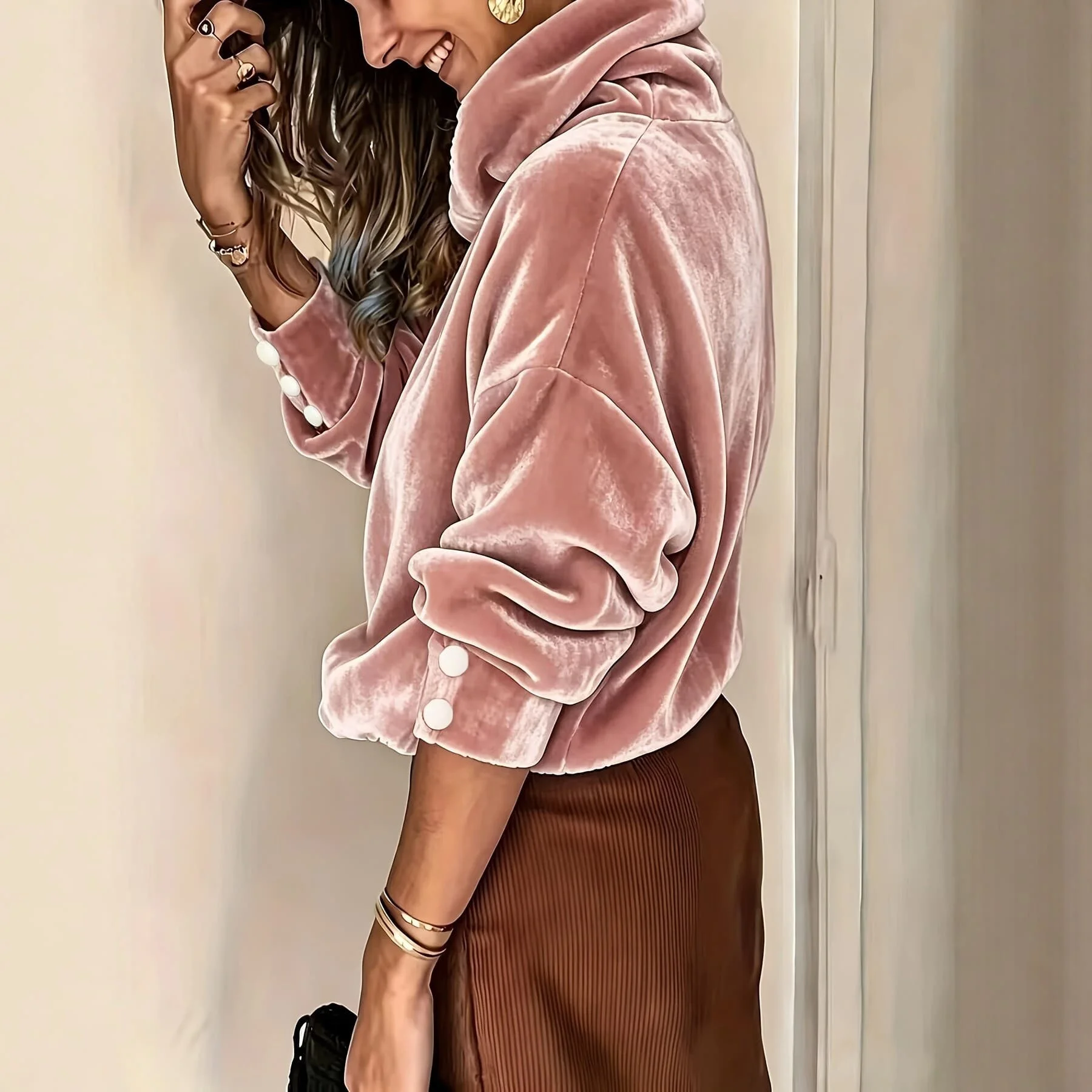 Loose for Fit Solid For Velvet For Top for Women Featuring Medium Stretch High Neck and Button Detail for All-Day Wear