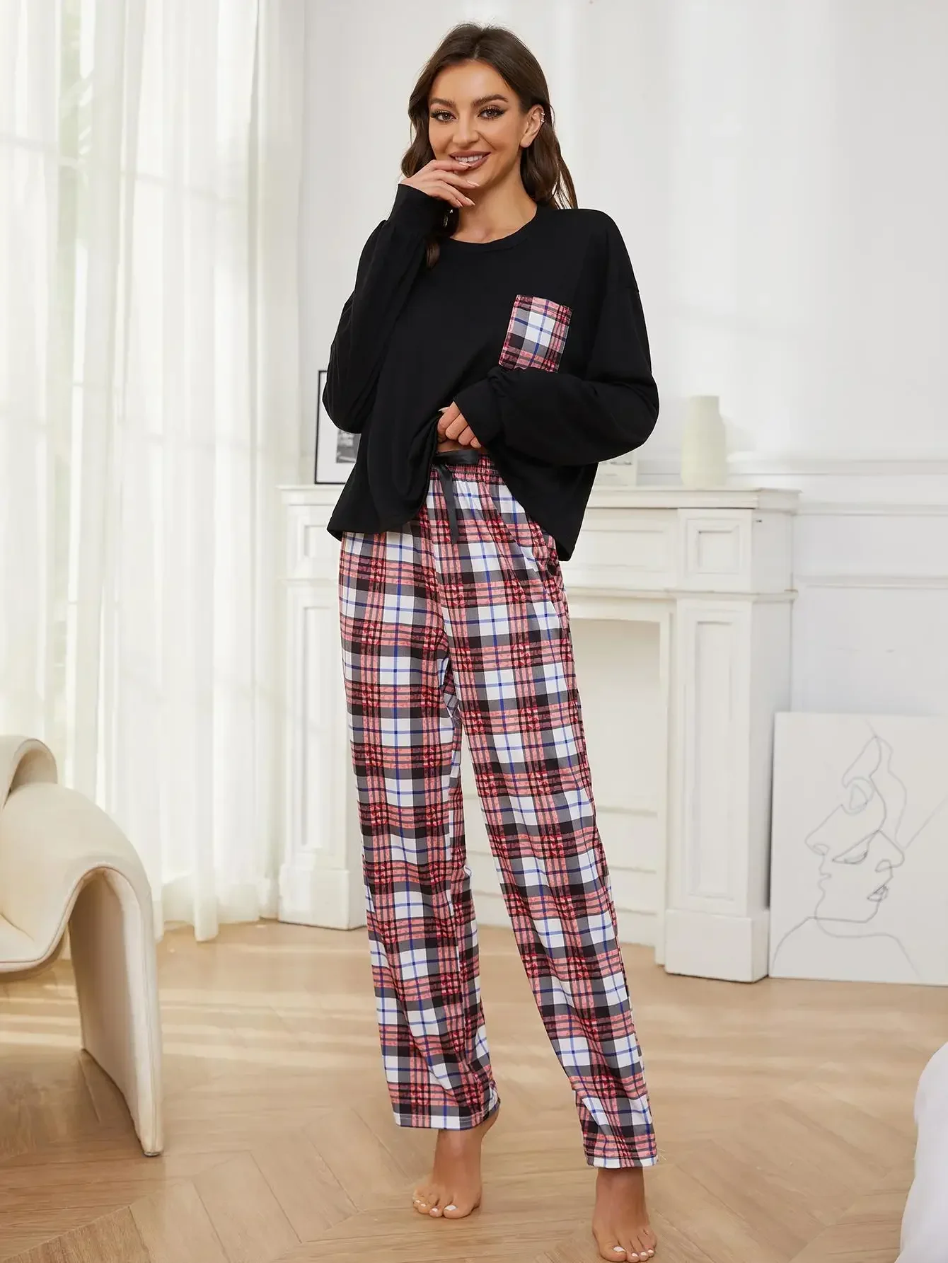 Women Pajama Set Long Sleeves Screw Neck Top & Plaid Full-Length Pants Fall Winter Spring Female Sleepwear 2 Piece Nightwear