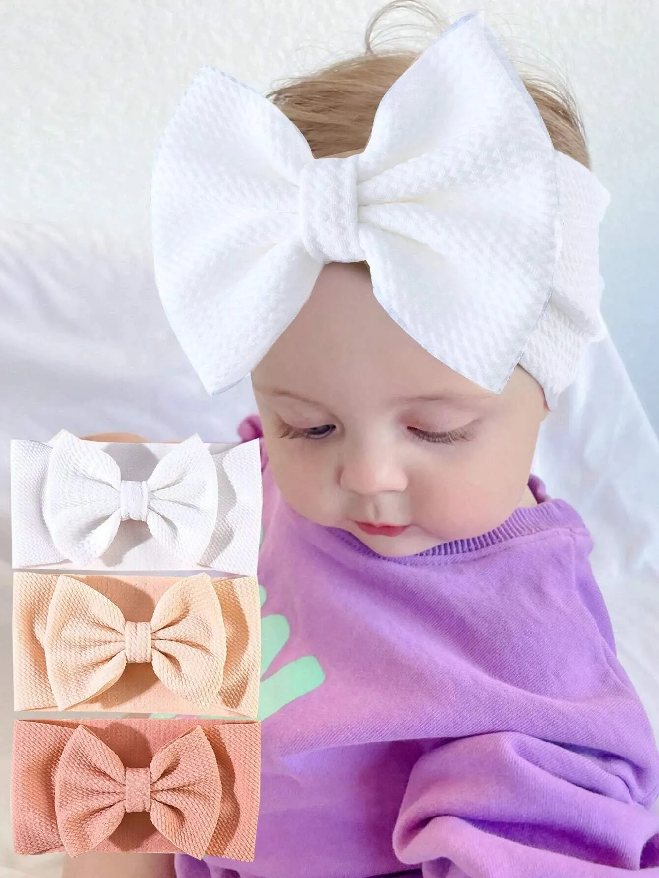 3Pc Set Baby's Solid Color Oversized Bow Headbands Cute Bow Decorative Elastic Headbands for Baby Kids Headband Hair Accessories