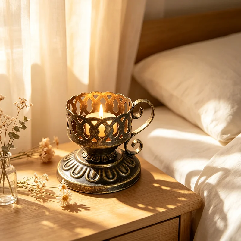 Vintage Distressed Hollow-Out Iron Candle Holder, European-Style Teacup-Shaped Candle Base, Tabletop Atmosphere Decoration Piece