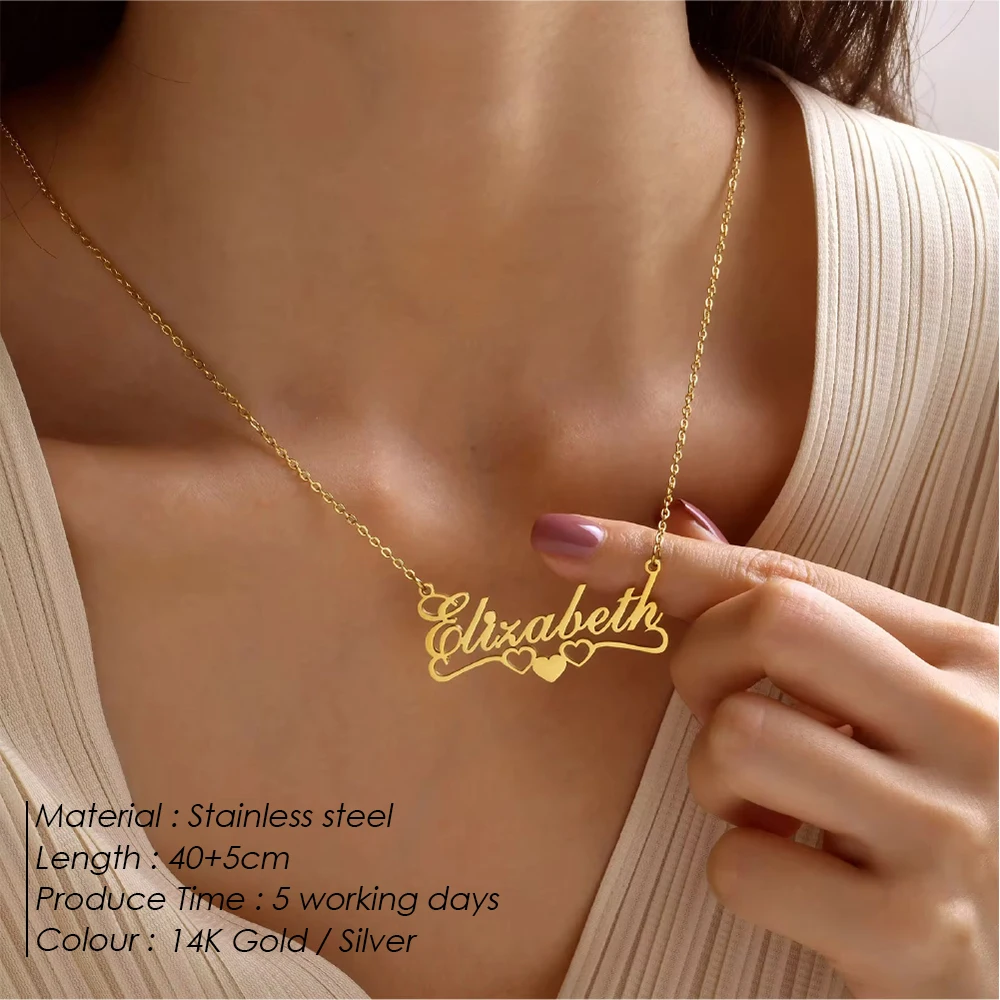 EMANCO Custom Names Necklaces for Women Girls, Gold Color Stainless Steel Personalized Heart Love Pendant Collar, Gifts for Her