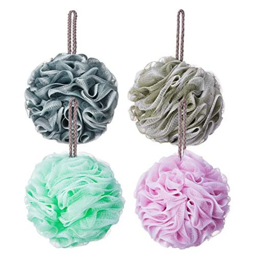 Loofah Bath Sponge, Mesh Pouf Shower Sponge Soft Exfoliating Shower Luffas for Silky Skin Pack of 4 Pastel Colors, XL 80g/pcs