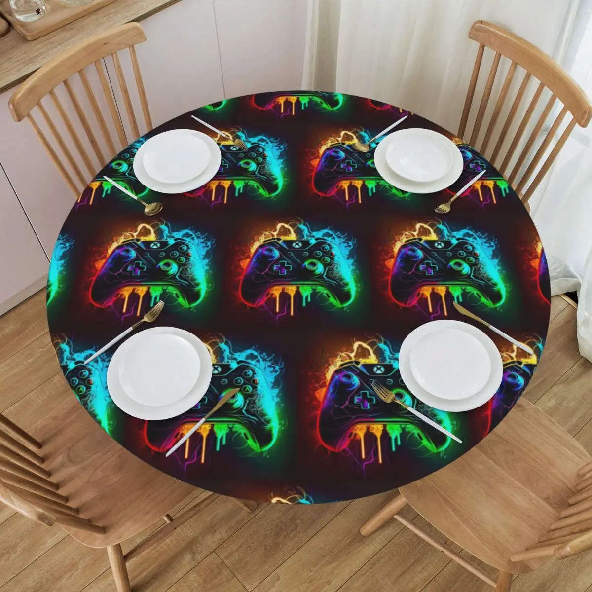 Game Console Printed Pattern Waterproof Round Tablecloth Oilproof Table Cloth for Kitchen Events Dining Table Cover
