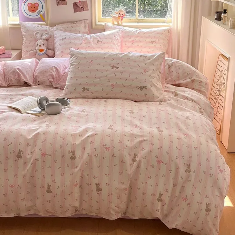Cute Pink Bear Bedding Set Soft Kids Adult Single Double Queen Size Duvet Cover Flat Sheet Pillowcase Home Totel Bed Linens
