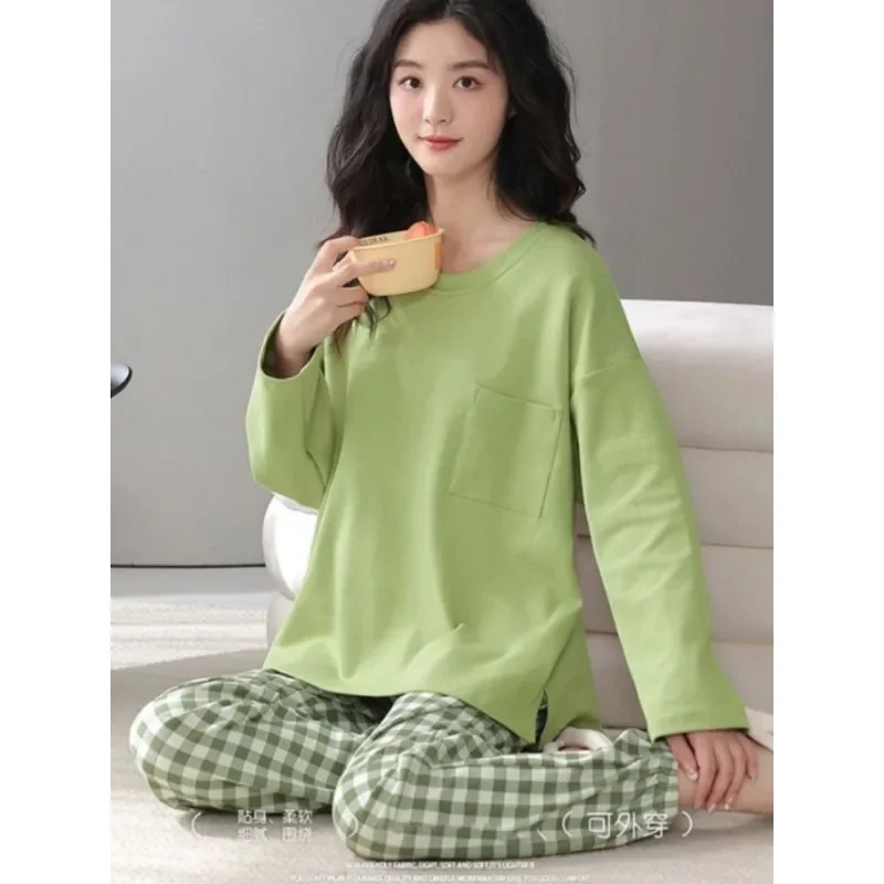 With Chest Cushion Women's Pajamas Set Cotton Long-sleeved Spring and Fall Fashion Casual Home Wear Sleepwear Two-piece Set