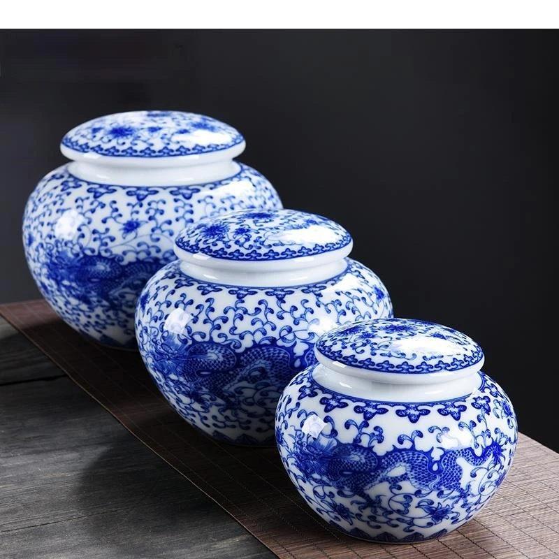 Embossed Dragon Tea Caddy Blue and White Porcelain Sealed Storage Jar Candy Nut Container Home Decoration