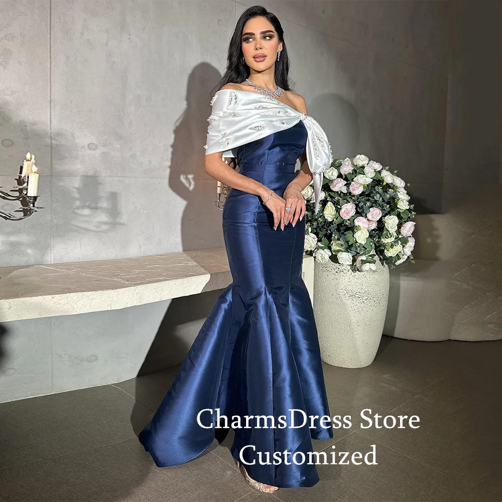 Mermaid Evening Dress Customized Off The Shoulder Pearls Stone Satin Navy Arabian Formal Party Gown Prom Dresses Robe De Soiree