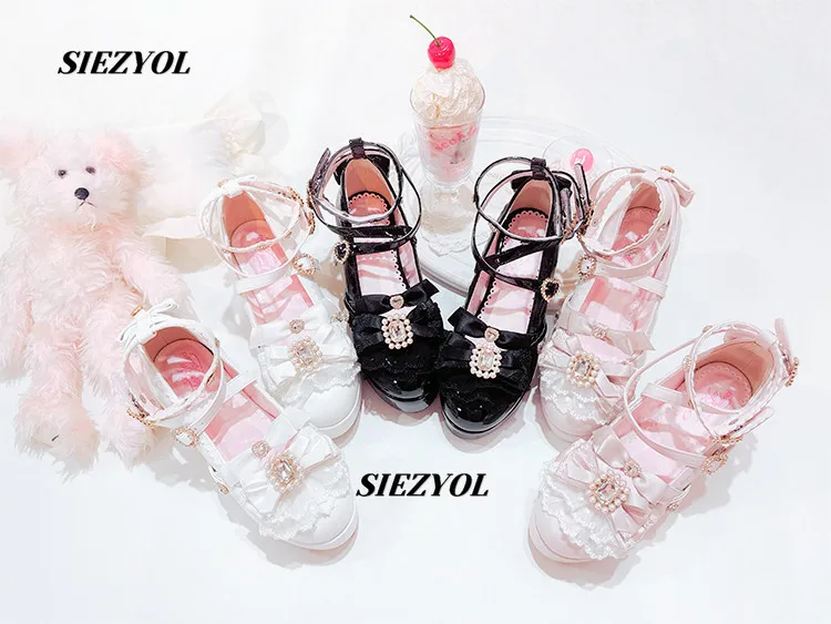 Sweet Girls Daily Party High Heels Original Japanese Style Rhinestone Lace Waterproof Table Versatile High Heels Shoes