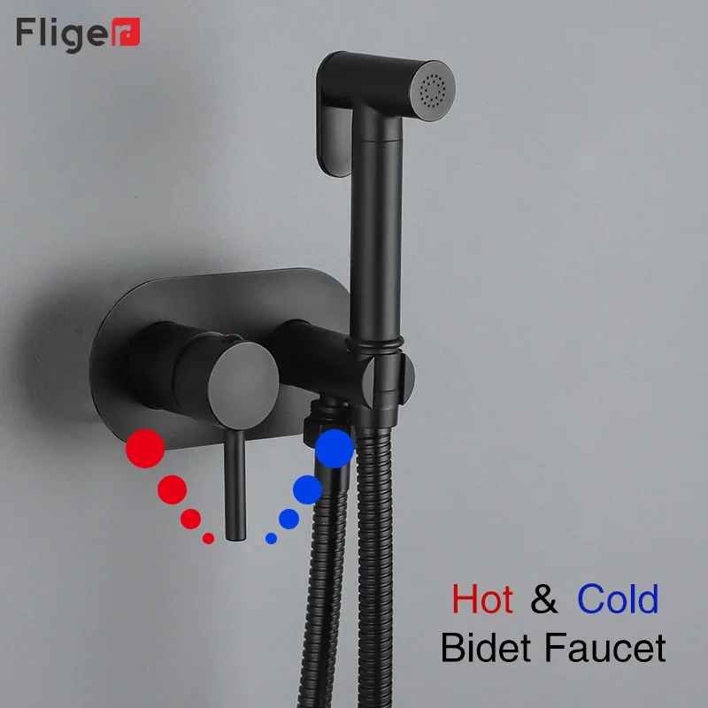 Fliger Brass Bidet Faucet Black Handheld Bidet Sprayer Portable Toilet Bidet Sprayer Hot Cold Water Bathroom Toilet Faucet