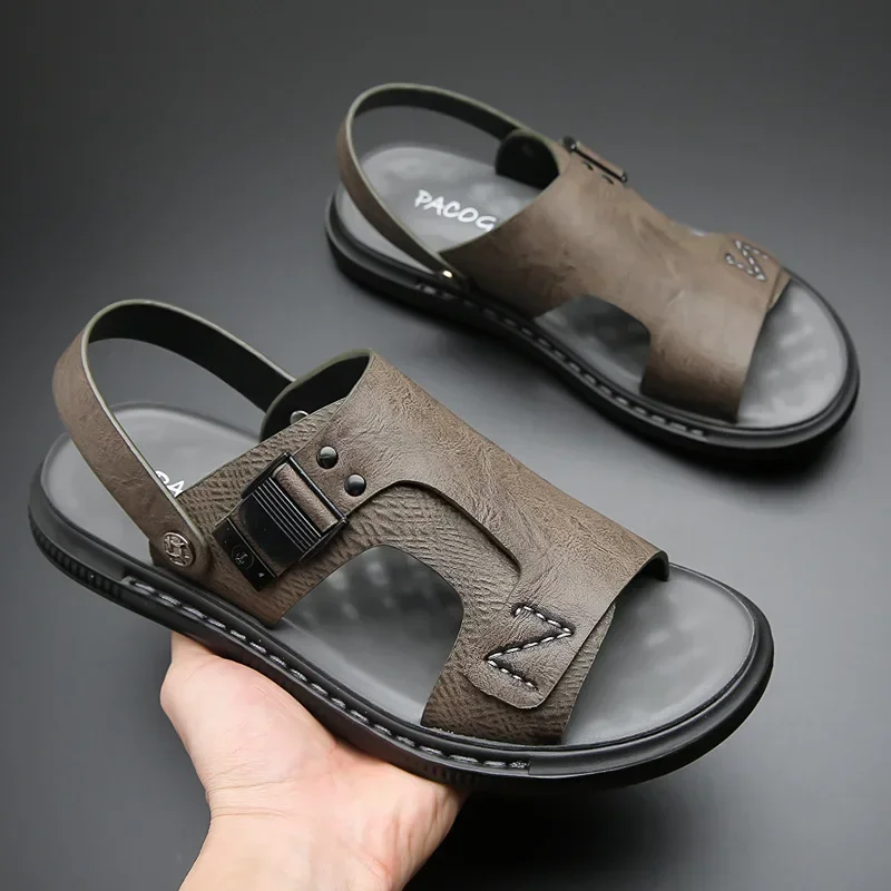 

Mens Sandals Summer Soft-soled Leather Sandals Thick-soled Beach Shoes Non-slip Slippers Mens Outdoor Casual Lightweight Sandals