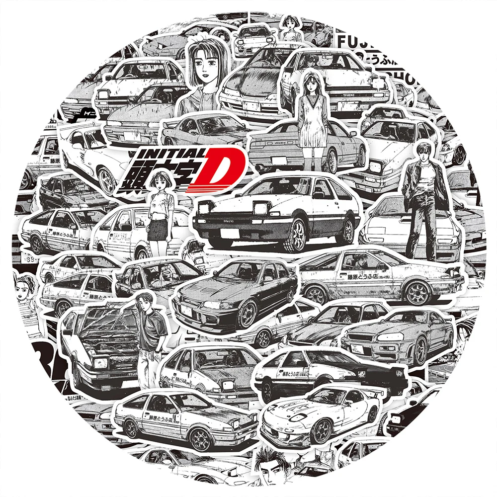 10/30/75PCS Anime Black White Initial D Stickers Graffiti Funny Kids DIY Decals Gift Toy for Wall Notebook Bike Cartoon Sticker