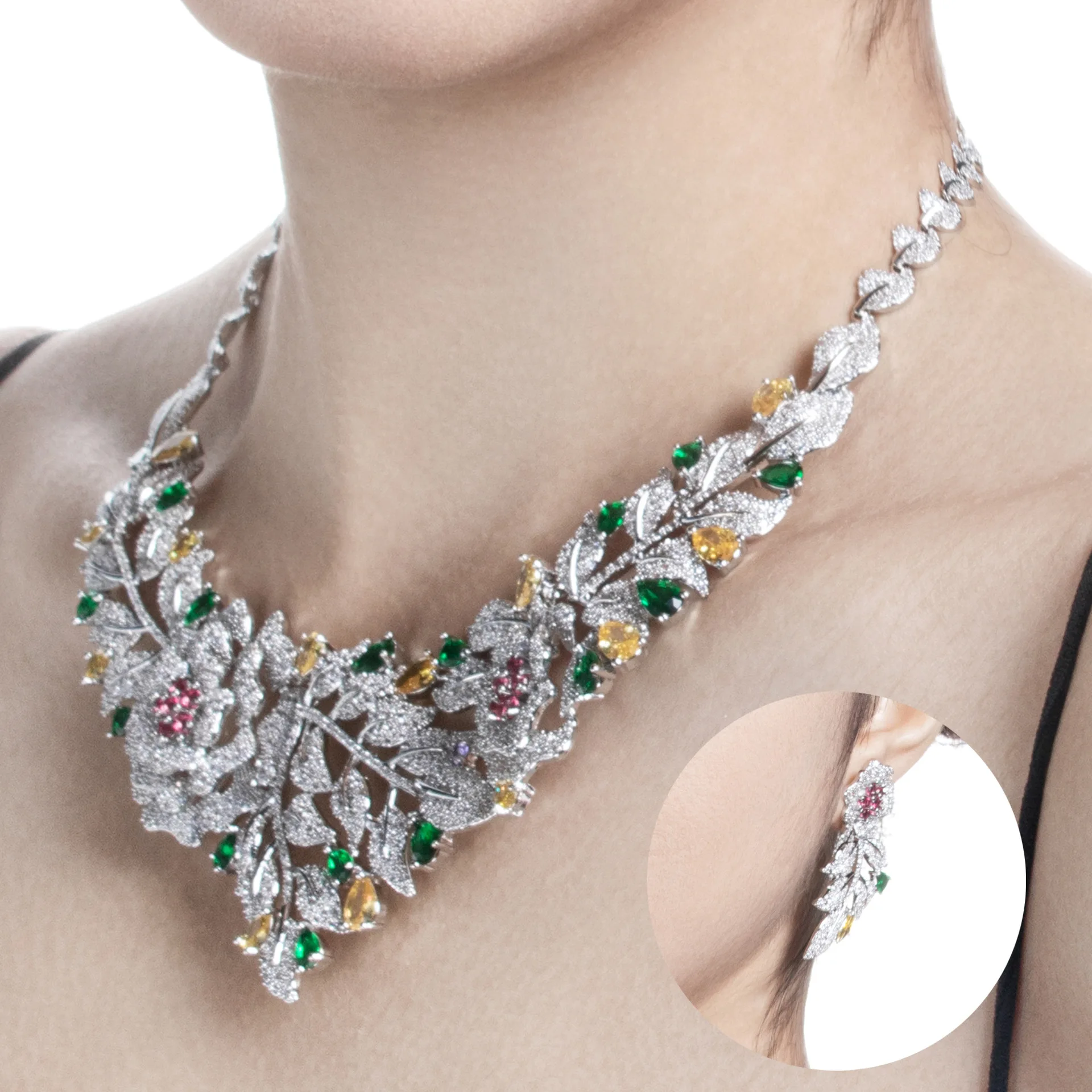 Retro Necklace and Earrings Set - Women's Two-Piece Set - Leaves and Flowers - Wedding Accessories for The Bride