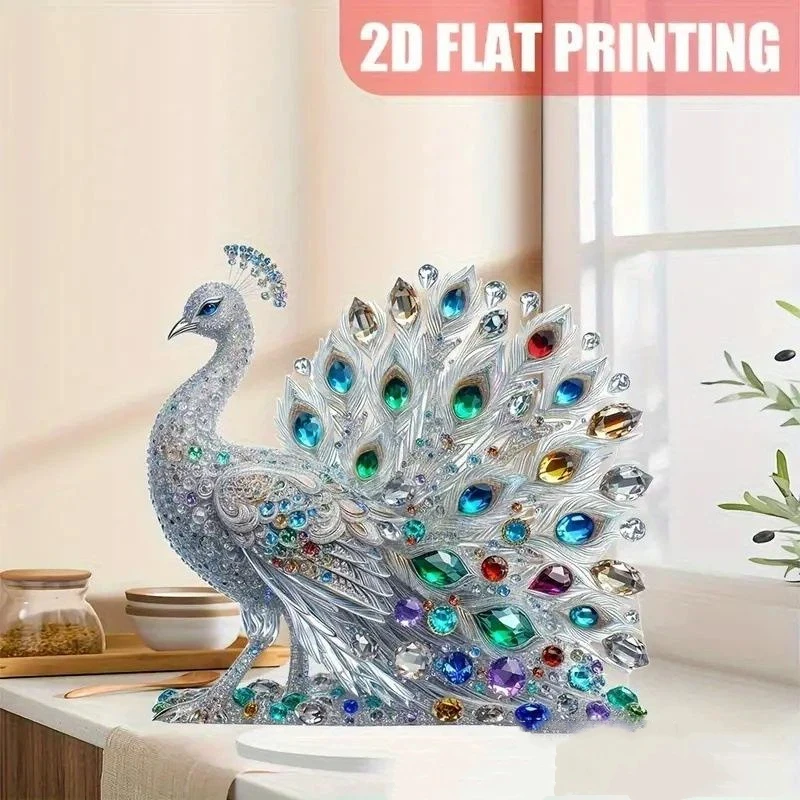 1Pc 2D Flat Acrylic Figurine Luxurious Crystal Peacock Ornament Tabletop Decoration For Bedroom Living Room Office