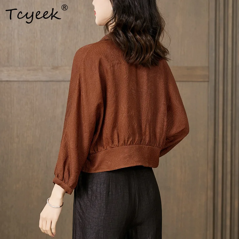 

Tcyeek, Watered Gauze Silk Elegant Shirt, Women Batwing Sleeve Polo Neck, Commute OL Fashion Blouses, Summer Autumn T47584QM