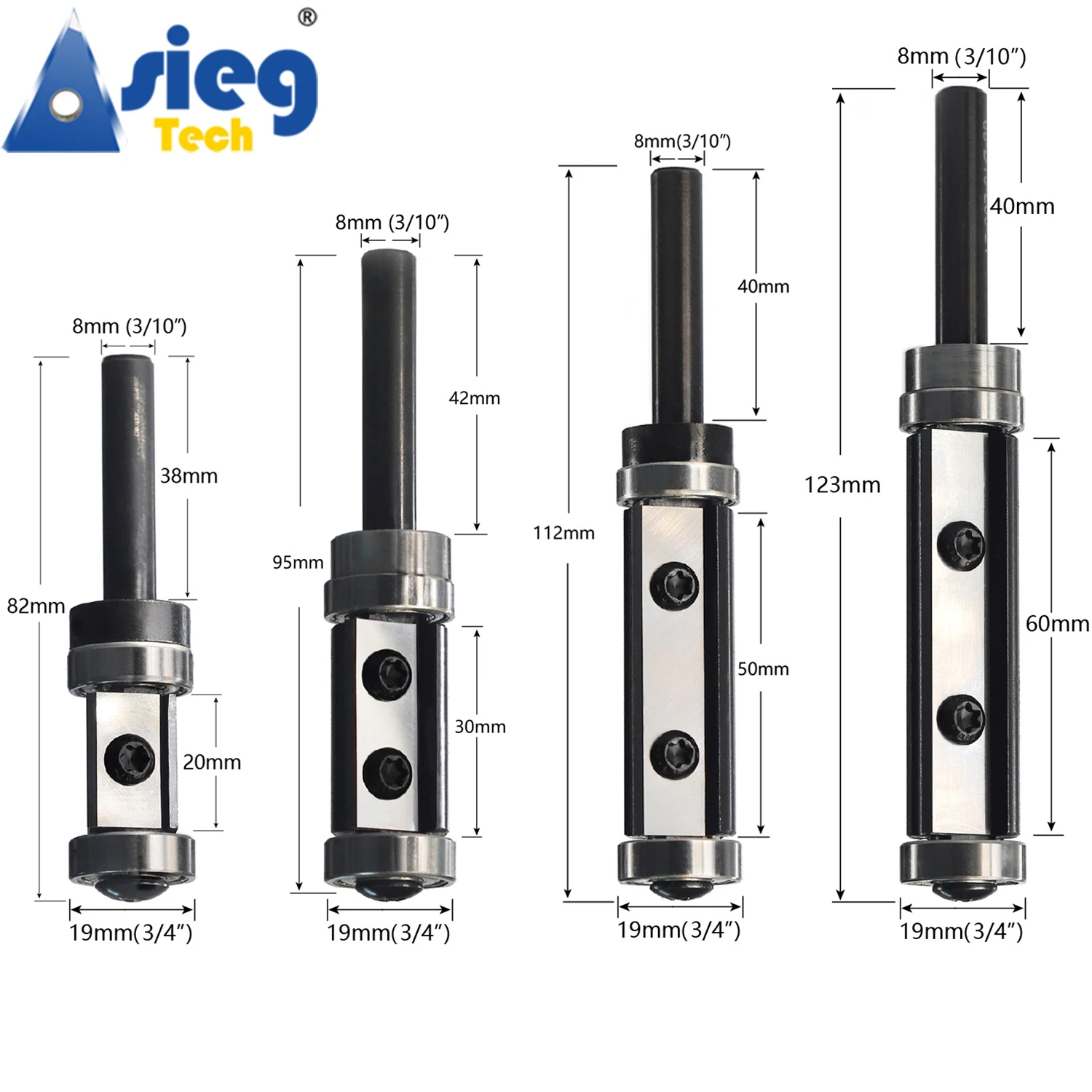 8mm Shank Flush Trim Router Bit Top&Bottom Double Bearings Trimmer 20mm 30mm 50mm 60mm Cut Length Repaceable Insert Cutter