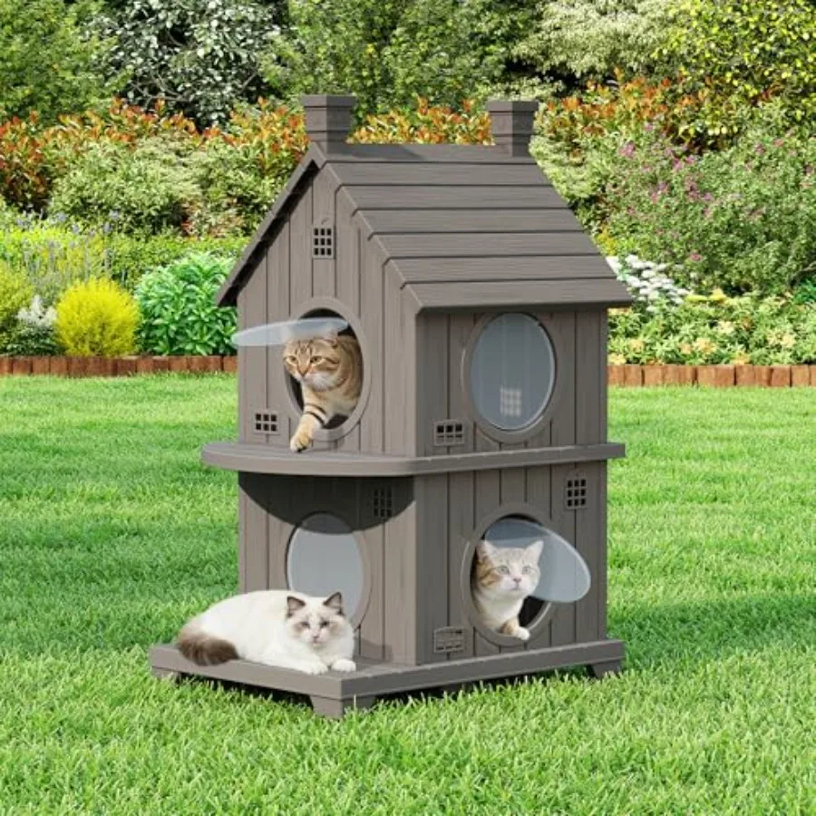 

Outdoor Cat House Weatherproof Durable Resin Cat House for Outdoor Indoor Cats with Litter Box Enclosure Elevated Base Anti-Sli