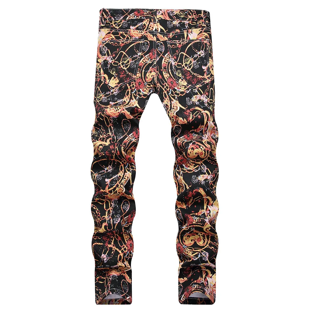 Men Flower Chain Digital Print Pants Fashion Slim Tapered Stretch Denim Jeans Streetwear Black Trousers