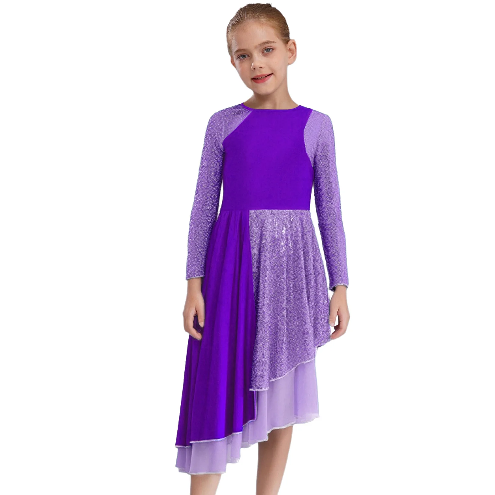 

Kids Girls Liturgical Praise Dance Dress Long Sleeve Sequin Color Block Asymmetrical Hem Dress Lyrical Dance Dress Worship Robe