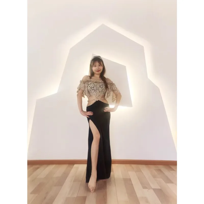 

Customized Oriental Belly Dance Costumes Eastern Practice Outfit One-piece Dress Beige Polka Dot Top and Black Skirt