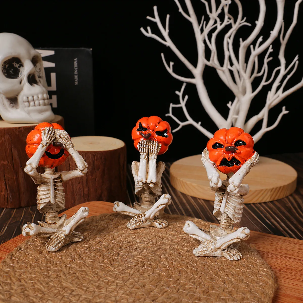 No See No Hear No Speak Pumpkin Skull Resin Figurine, Spooky Halloween Desktop Ornament, Home Holiday Decor Gift