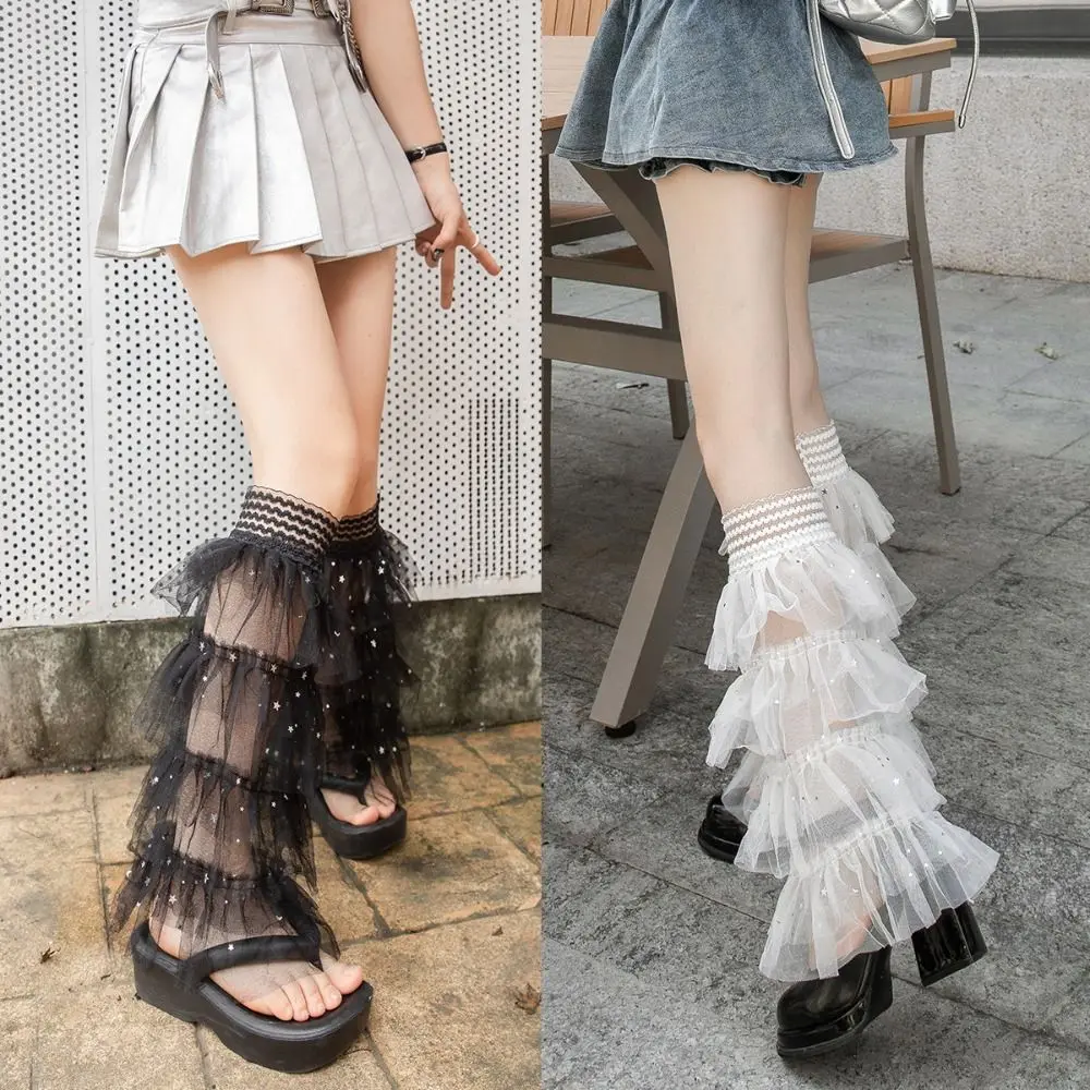 

Ruffle Layered Sequins Mesh Leg Warmers Flared Design Lace Patchwork Knee High Stockings Star Sequins Boot Cover Cuffs