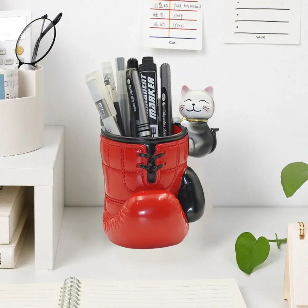 

Creative Resin Boxing Gloves Pencil Holder Blue/Red Stable Base Pen Holder with Cartoon Animal Brush Container Gift