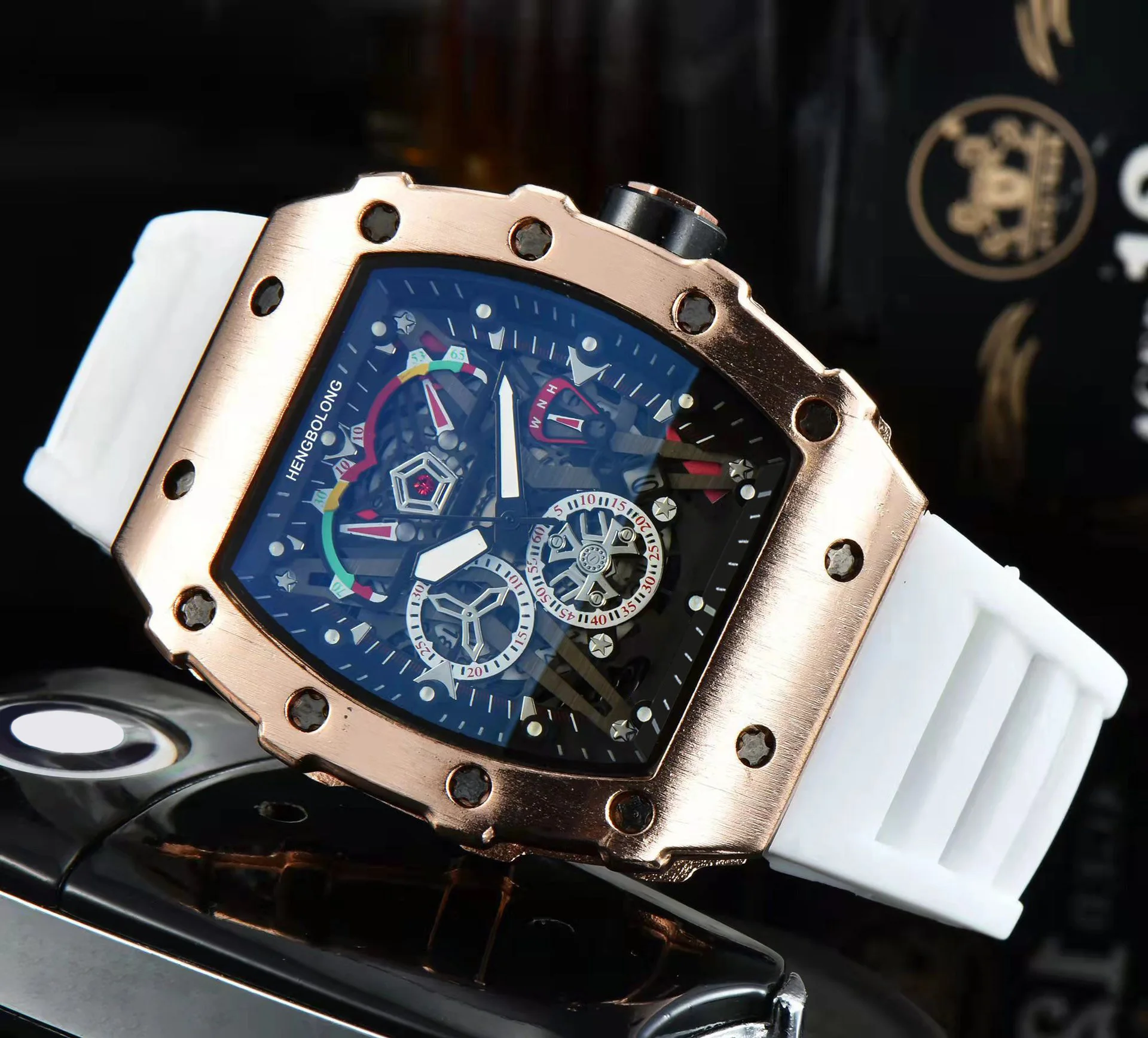 silicone strap square wine barrel large dial watch hollowed out surface calendar quartz watch for men and Students